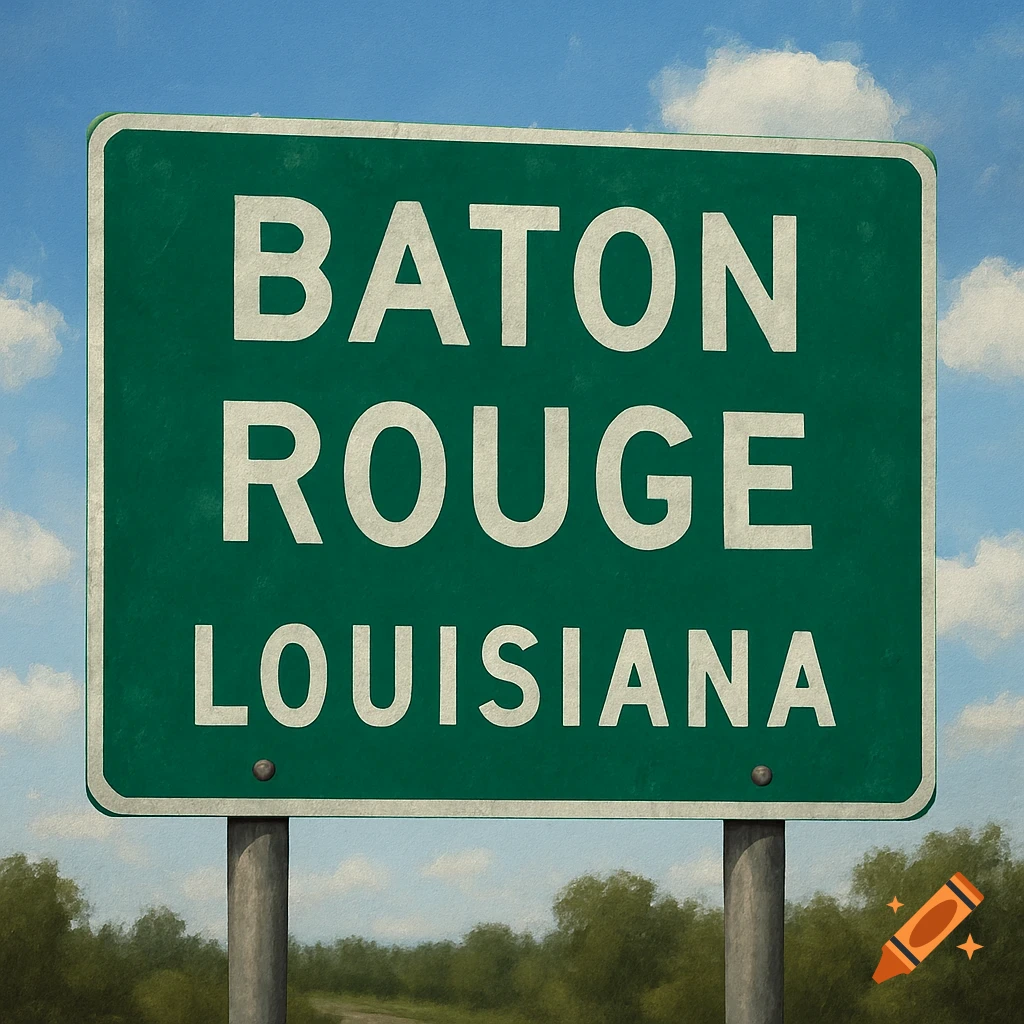 A green highway sign reads 'Baton Rouge Louisiana' against a blue sky and distant trees.