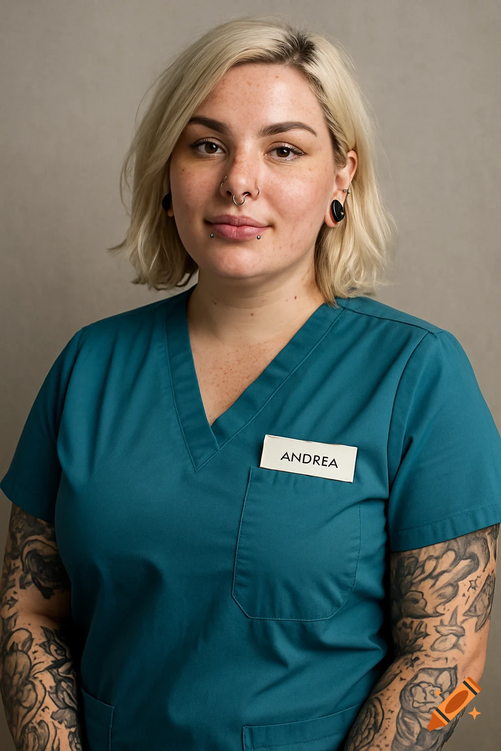 A woman with blonde hair, freckles, tattoos, and piercings wearing teal scrubs with a nametag reading "ANDREA".