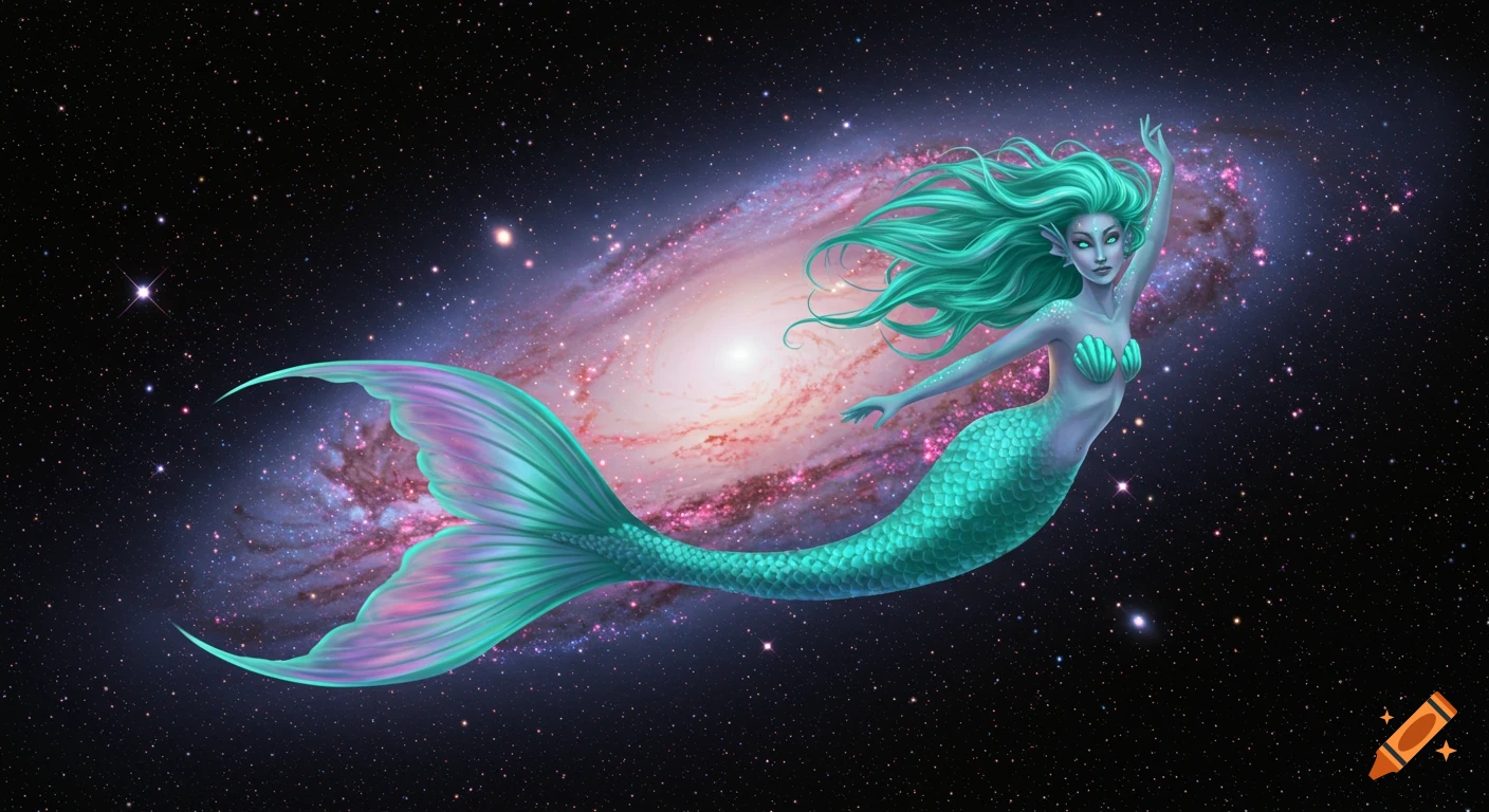 A blue-skinned mermaid with teal hair and a shimmering tail swims gracefully through space, with a vibrant pink and purple spiral galaxy in the background.