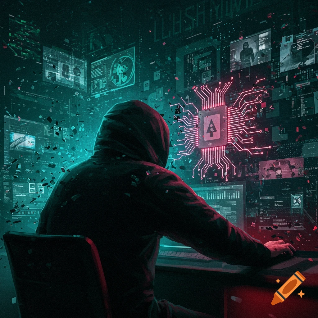 A hooded figure, seen from behind, sits at a computer desk, surrounded by glowing green and red digital screens displaying code and data. A large, bright red circuit board with a letter 'A' glows prominently in the center.