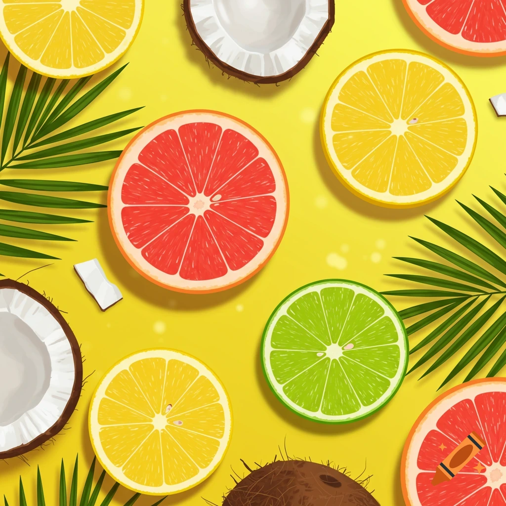 Vibrant flat lay of sliced grapefruit, lemon, lime, and coconut halves with palm leaves on a bright yellow background.