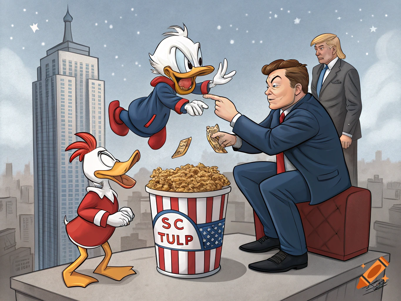 Cartoon of Elon Musk, Donald Duck, and another duck on a skyscraper rooftop, with Donald Trump in the background. Musk points at a large bucket of popcorn/cereal while holding money.