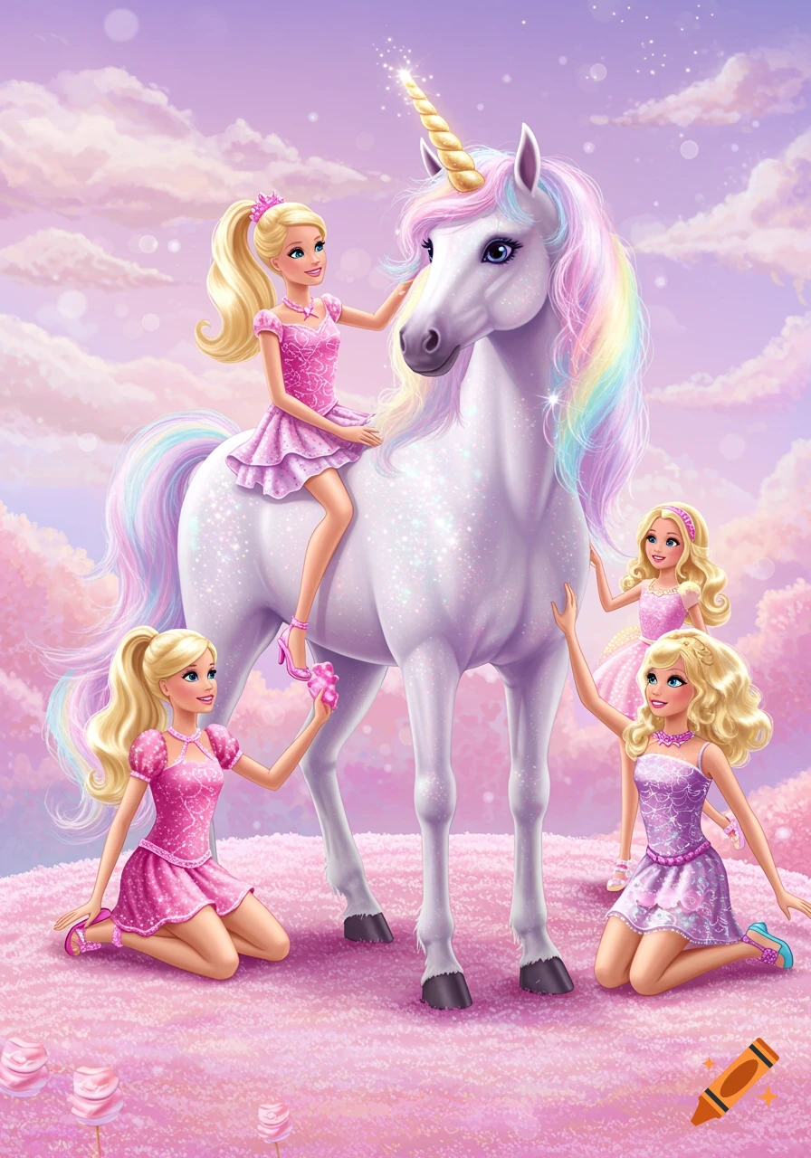 Barbie dolls with a sparkling white unicorn in a pink and purple fantasy landscape.