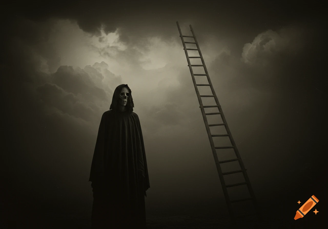 Sepia-toned creepy photo of a cloaked figure with a skull face standing under dark clouds next to a tall ladder reaching into the sky.