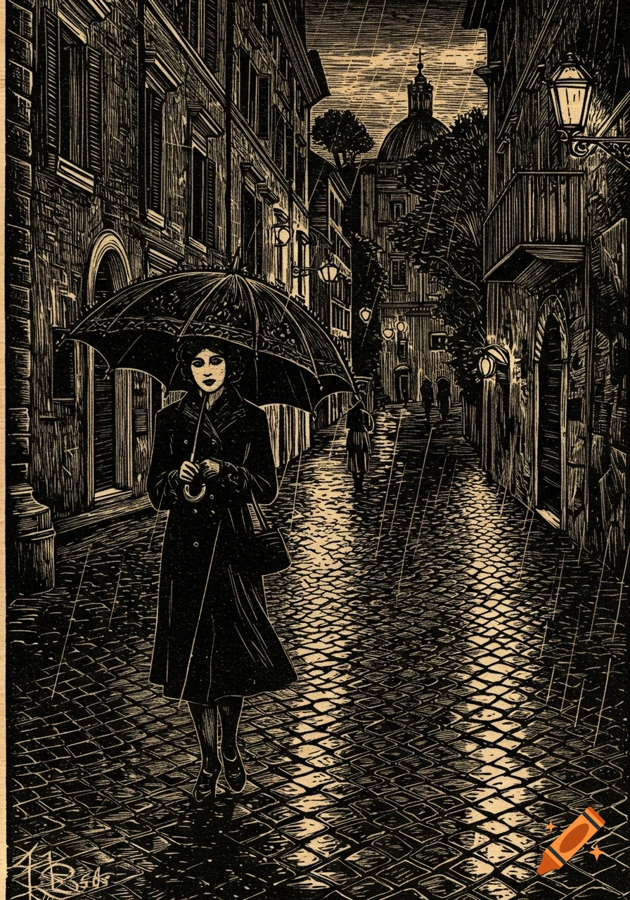 Woodcut illustration of a woman holding an umbrella, walking on a cobblestone street in rainy Rome at early evening.