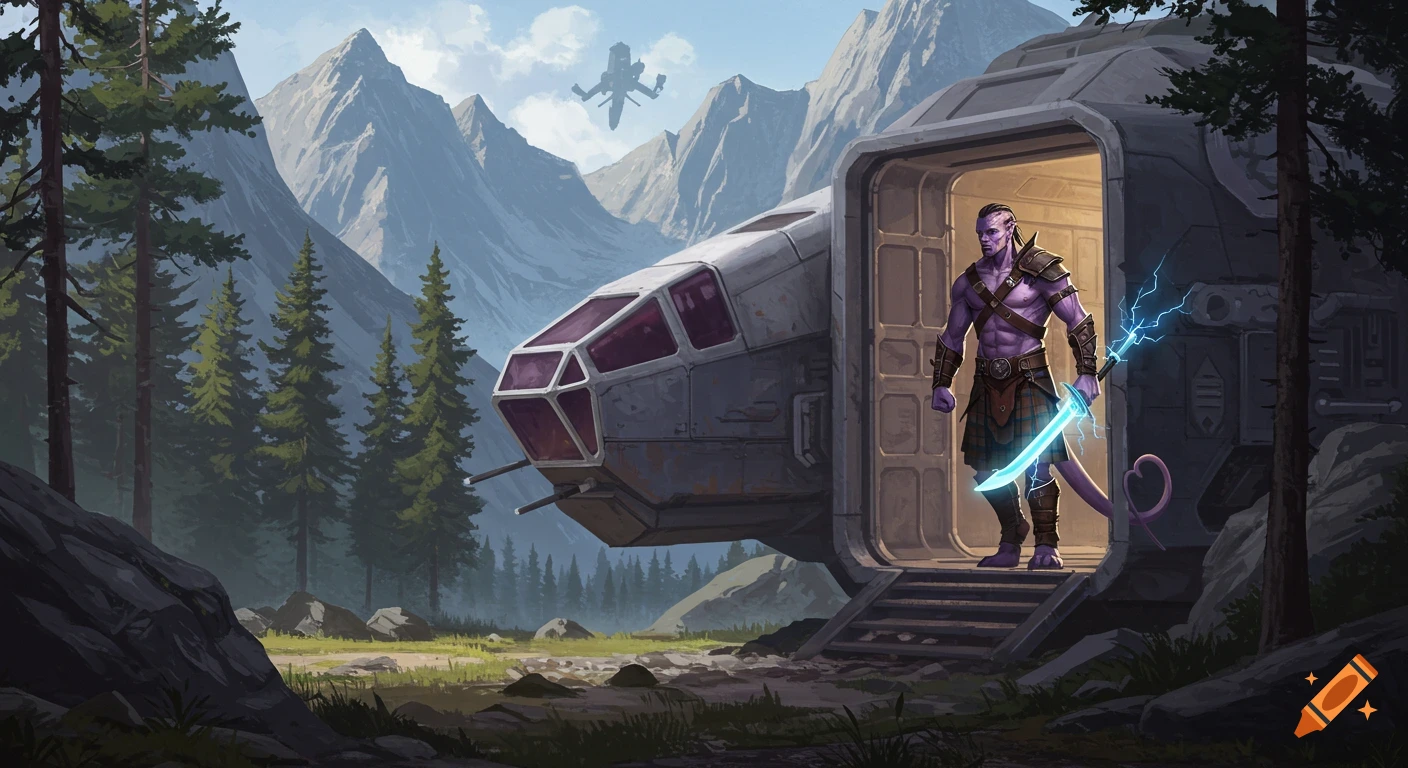 A muscular, lavender-skinned alien with a tail and electrified sword emerges from a spaceship in a rugged mountain landscape with pine trees. Another ship flies in the distance.
