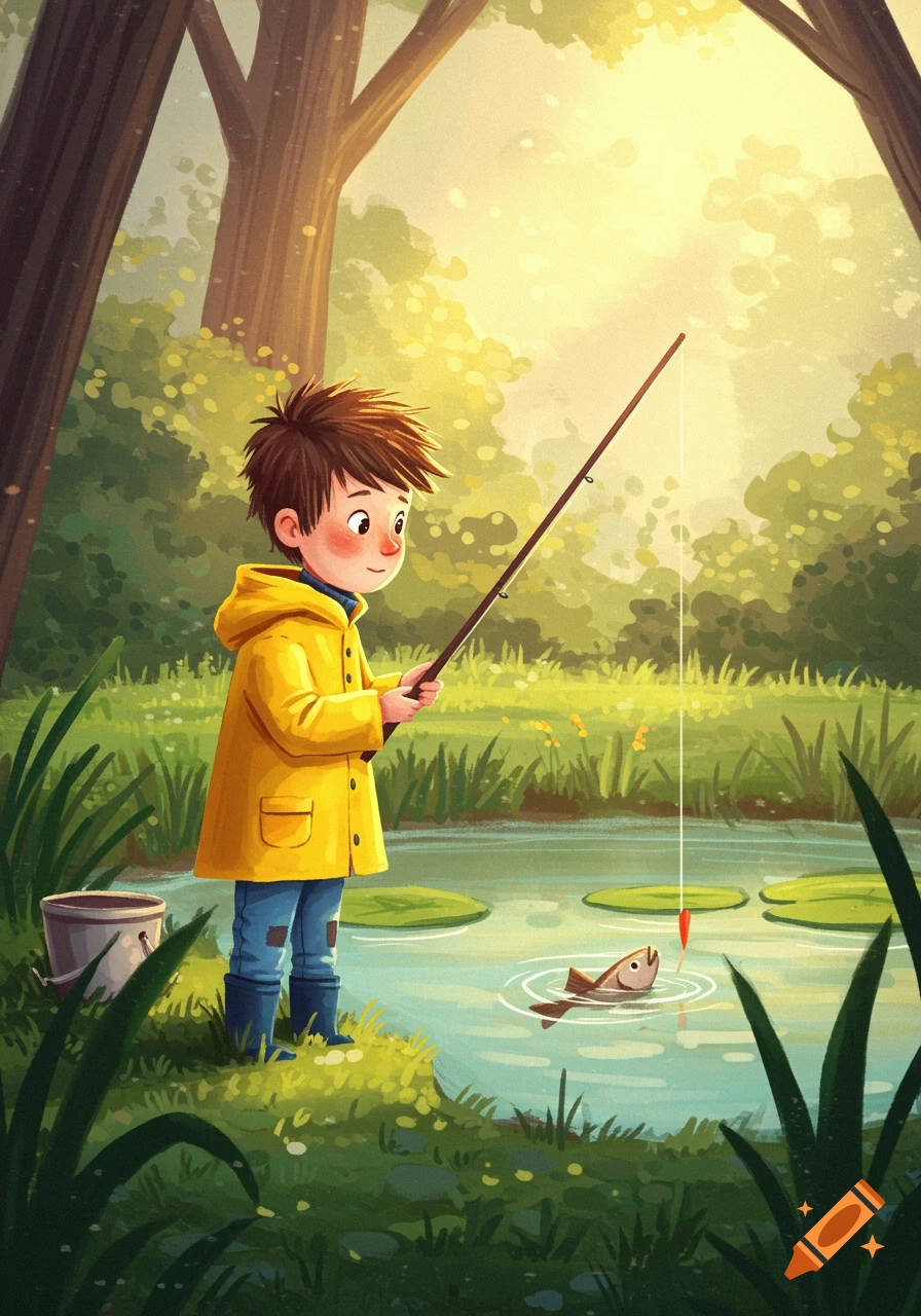 A cheerful young boy in a yellow raincoat fishes by a pond in a bright, green forest, illustrated.