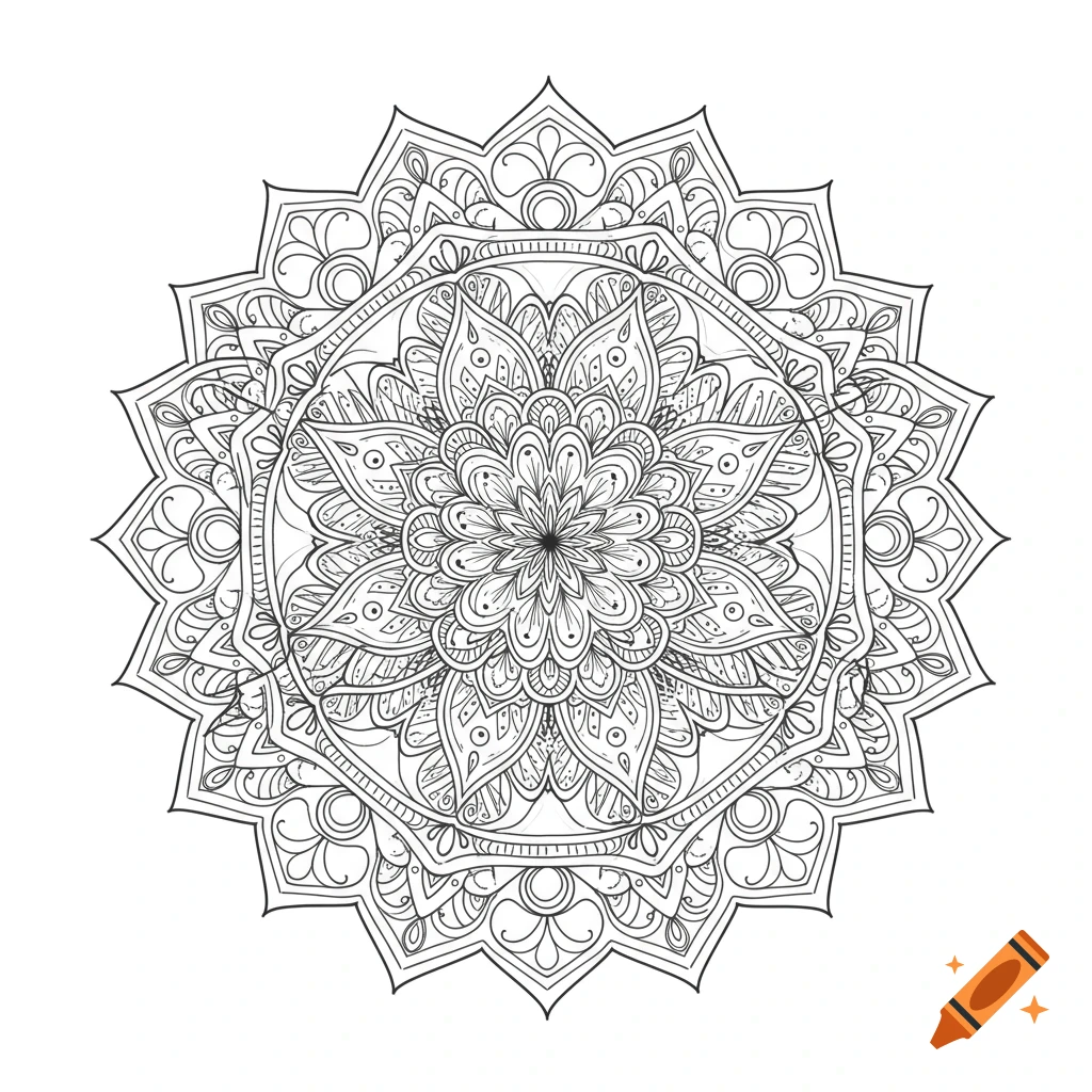 A detailed black and white mandala pattern with intricate floral and geometric designs.