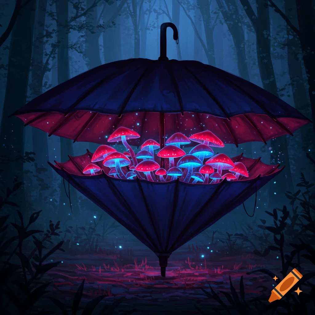 An artistic image of an open, dark umbrella suspended in a gloomy forest, filled with brightly glowing red and blue mushrooms.