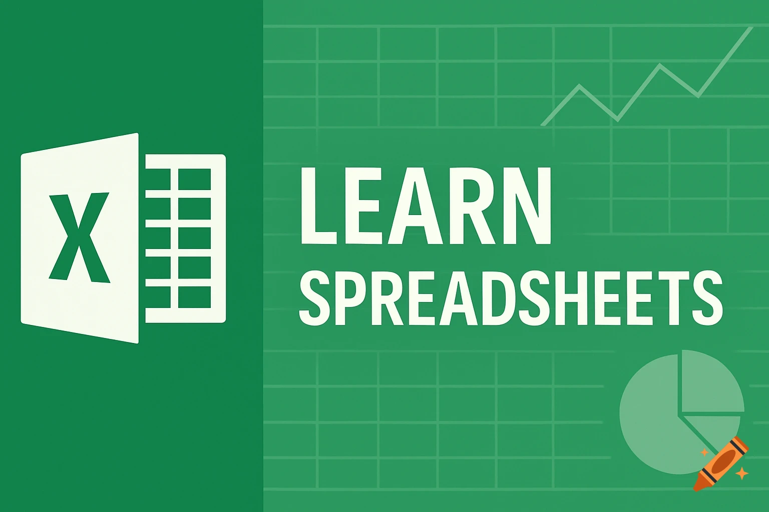 Green corporate banner with an Excel-like icon and the text 'LEARN SPREADSHEETS', featuring a trend line and pie chart.