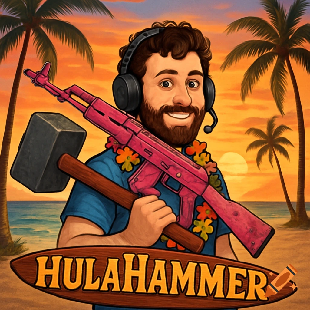 Cartoon man with beard, headset, Hawaiian lei, holding a pink rifle and hammer on a sunset beach. A sign reads 'HULAHAMMER'.