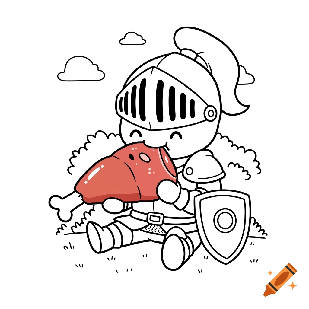 A cute cartoon knight in outline drawing style sits on grass, happily eating a large piece of ham, with a shield resting beside them.