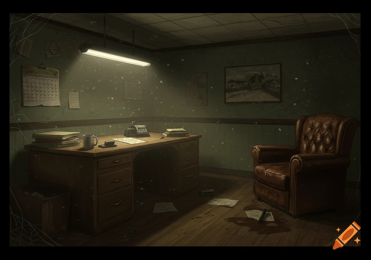 An old, dusty, spooky office room with a wooden desk, a brown leather armchair, and papers on the floor, some with a dark stain. Cobwebs are visible in the corners.