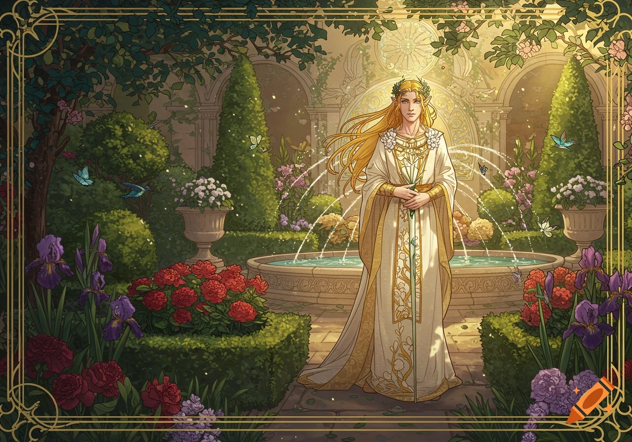An elf-like figure with long golden hair stands in an ornate fantasy garden with a fountain and colorful flowers.