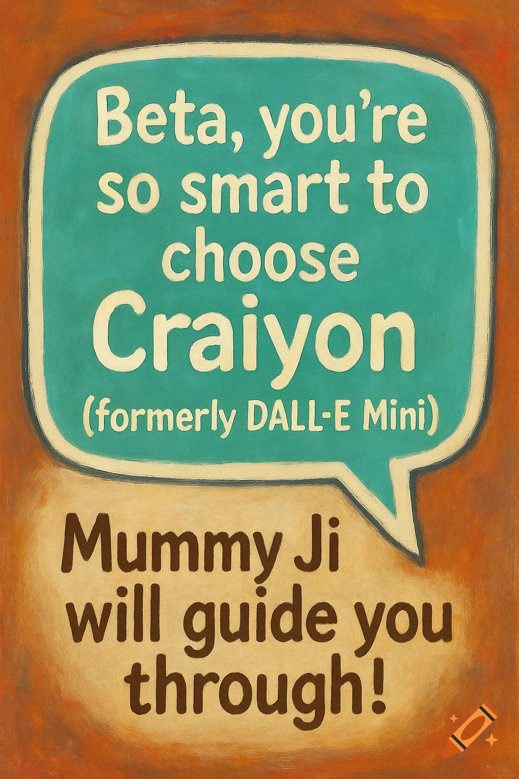 A textured poster features a teal speech bubble with white text: "Beta, you're so smart to choose Craiyon (formerly DALL-E Mini)". Below it, brown text reads: "Mummy Ji will guide you through!".