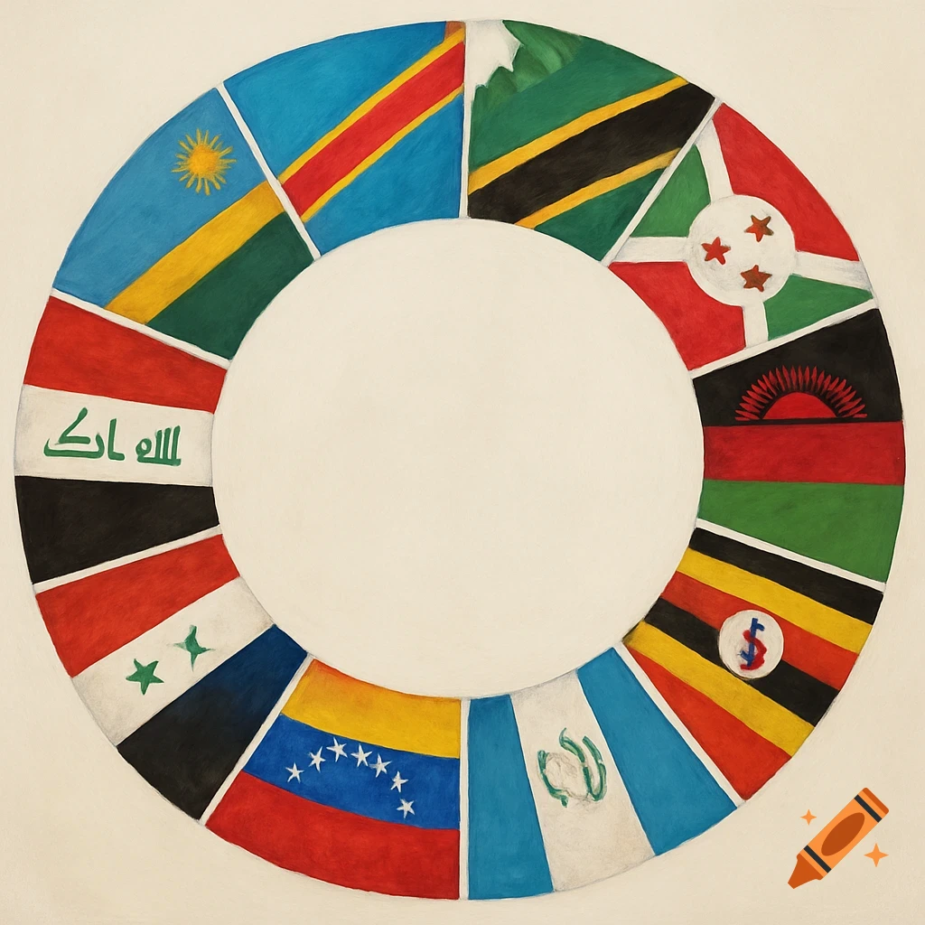 A circular arrangement of national flags, including Rwanda, Congo, Tanzania, Burundi, Malawi, Uganda, Iraq, Venezuela, and Guatemala, around a white center.