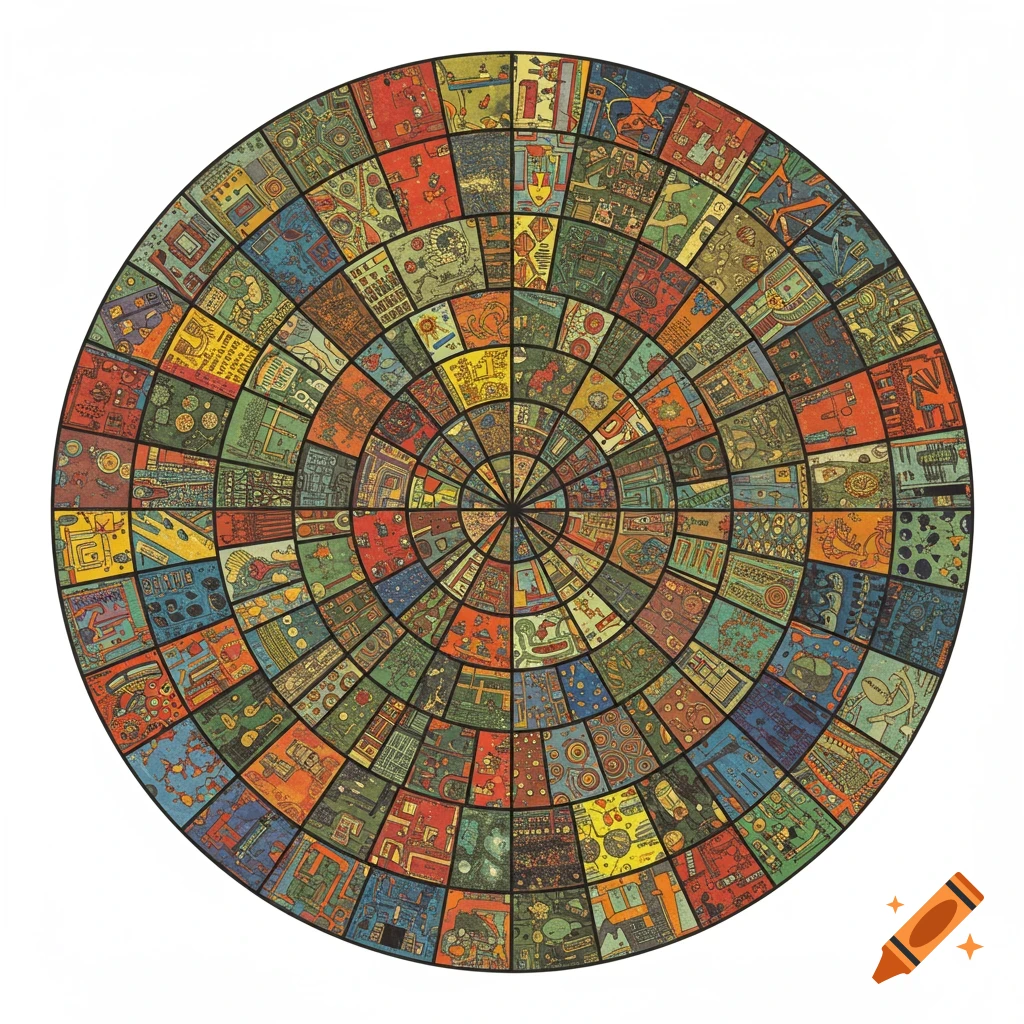 Colorful, intricate circular pattern divided into radial and concentric segments, each filled with unique abstract designs.