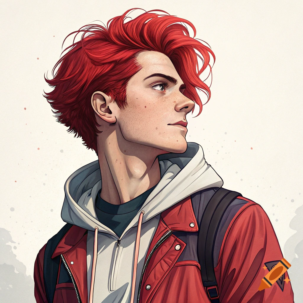 A young man with vibrant red hair and freckles, wearing a red jacket over a white hoodie, looking to the right in a stylized anime portrait.