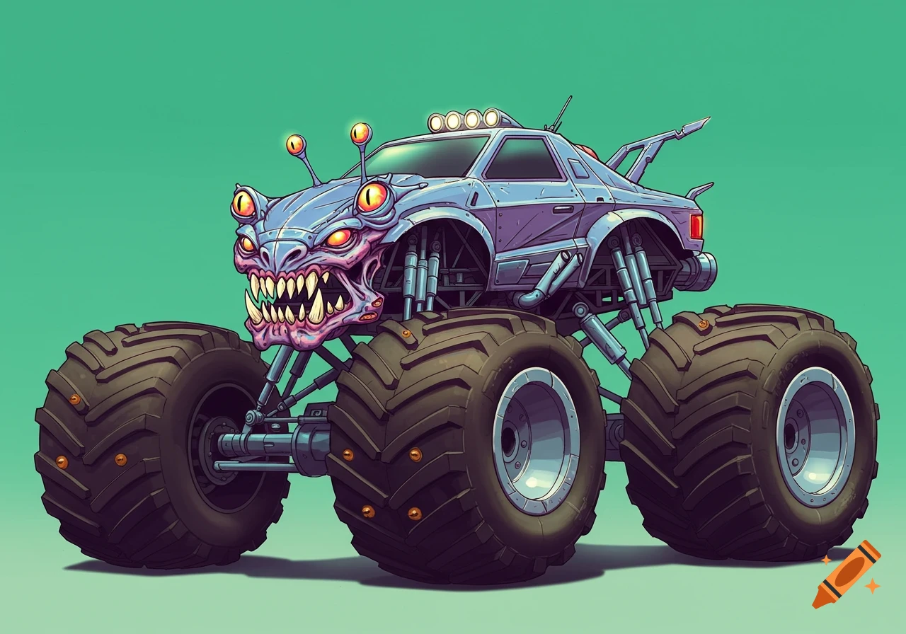 Cartoon alien monster truck with large teeth and multiple eyes against a teal background.