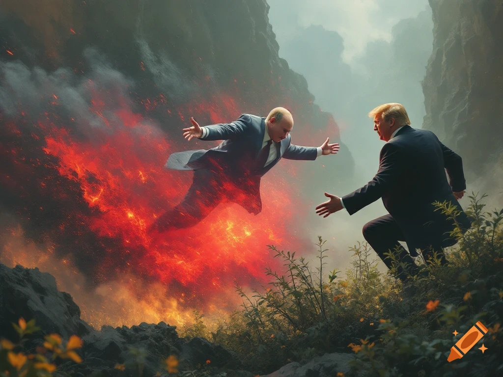 A dramatic scene showing a figure resembling Vladimir Putin falling into a fiery chasm while a figure resembling Donald Trump reaches out from a grassy hill.