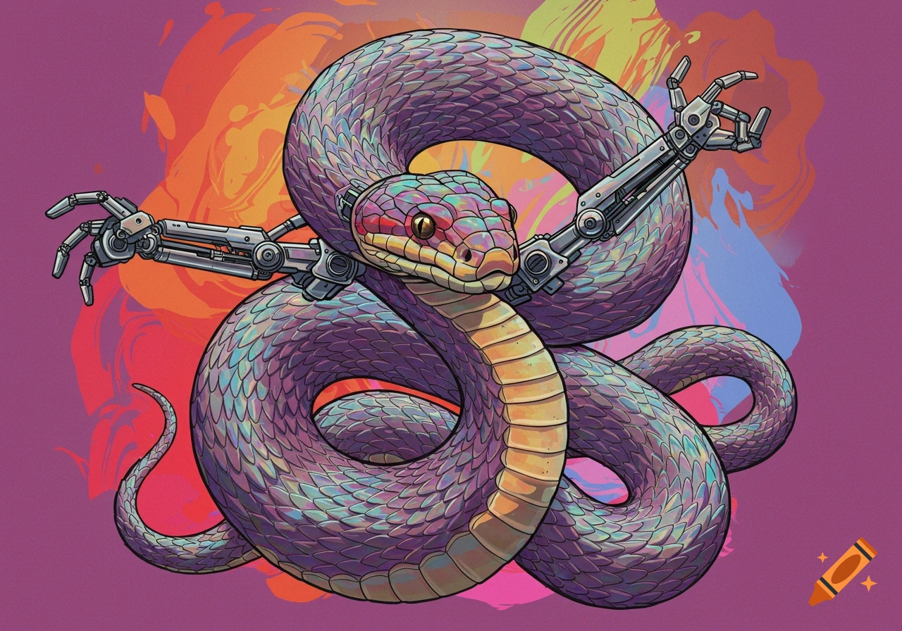 An illustration of a vibrant, iridescent snake coiled with two robotic ...