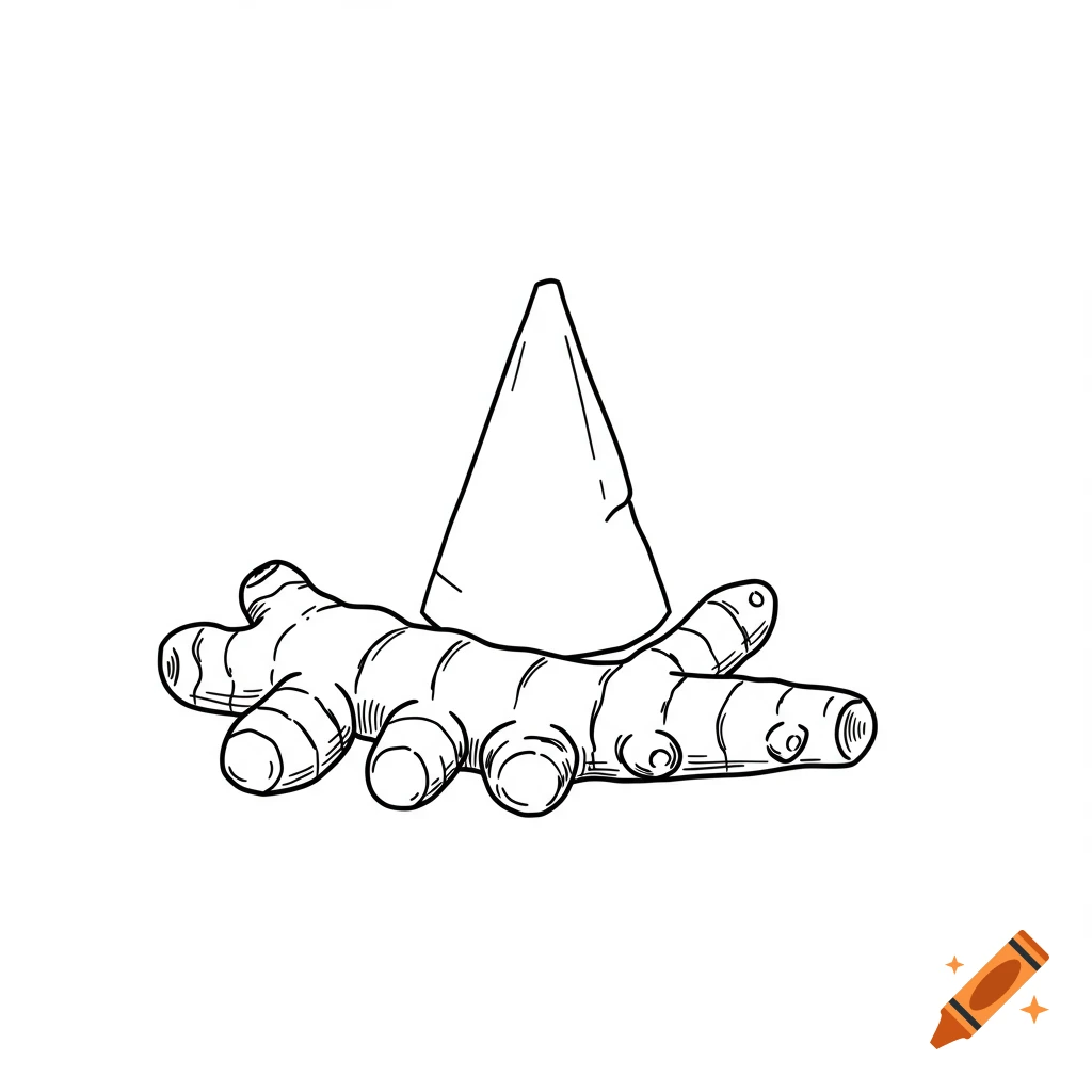Black and white outline drawing of a turmeric root with a mehendi cone placed on top.