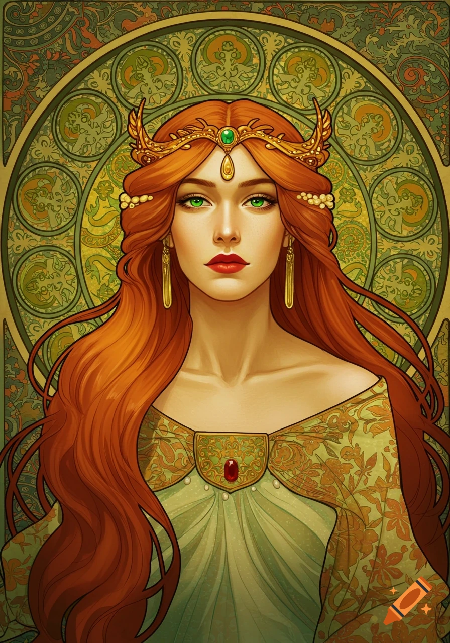 A vibrant Art Nouveau style portrait of a red-haired woman with green eyes, wearing a golden crown and an ornate green dress, against a decorative background.