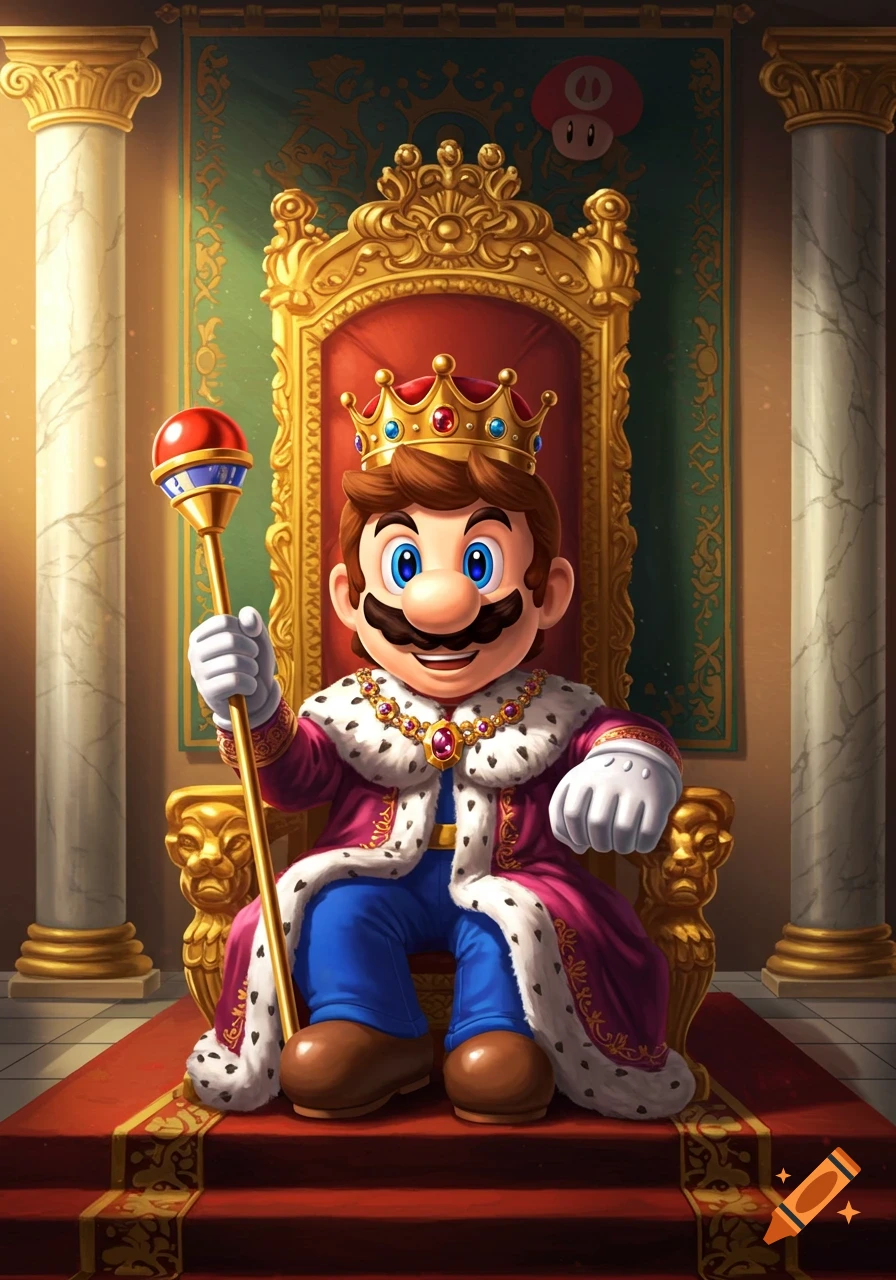 Mario, dressed as a king in a regal robe and crown, sits on a golden throne holding a scepter.