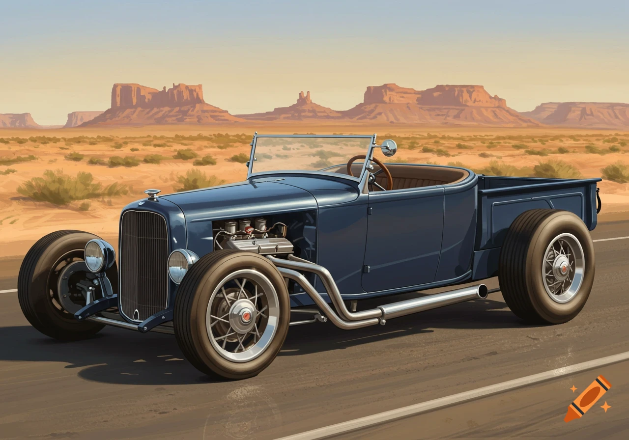 A vintage dark blue hot rod pickup truck with no fenders drives on a desert road, with mesas in the background.