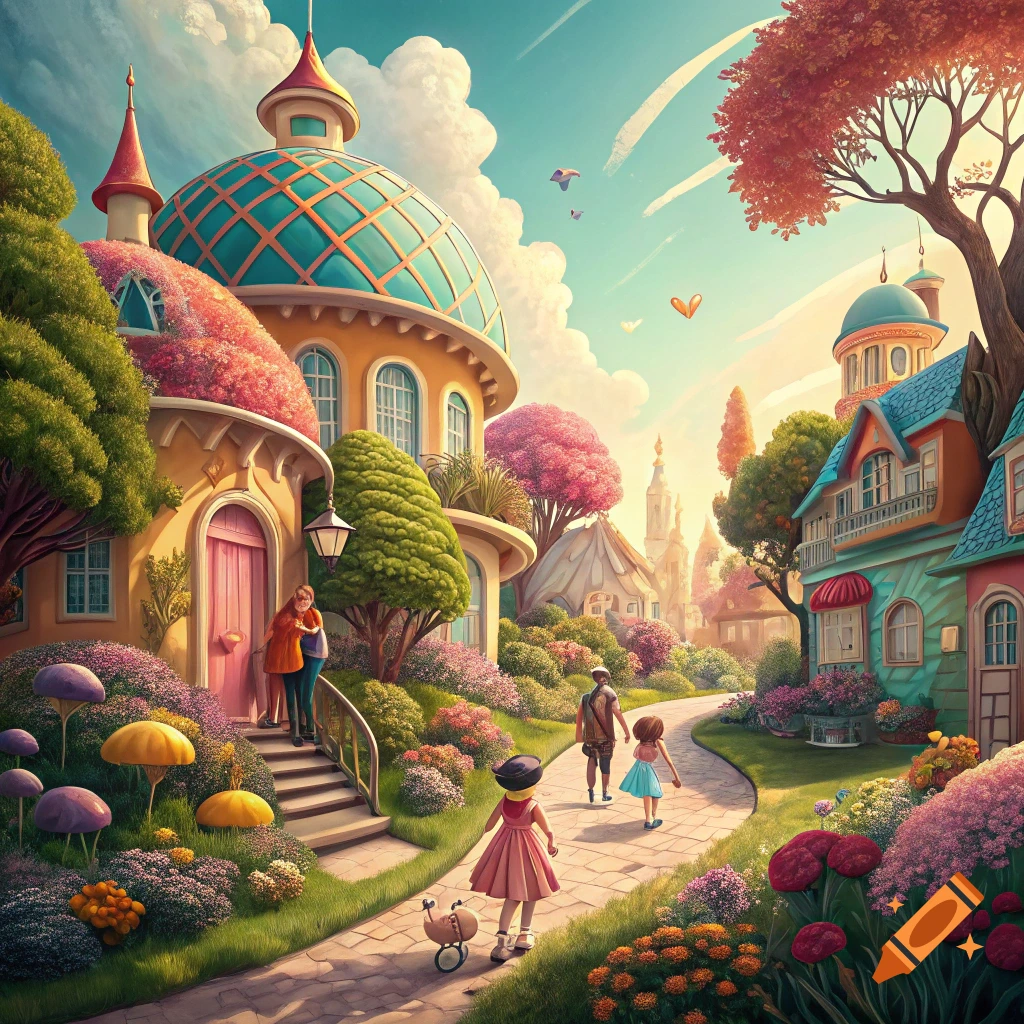 A vibrant, whimsical fantasy village with colorful, ornate houses, lush gardens, and people walking on a winding path.
