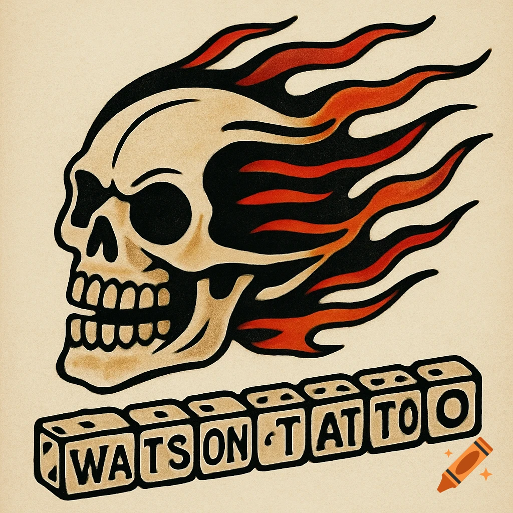 A traditional tattoo design featuring a flaming skull with the words 'WATSON ON TATTOO' written on dice below it.