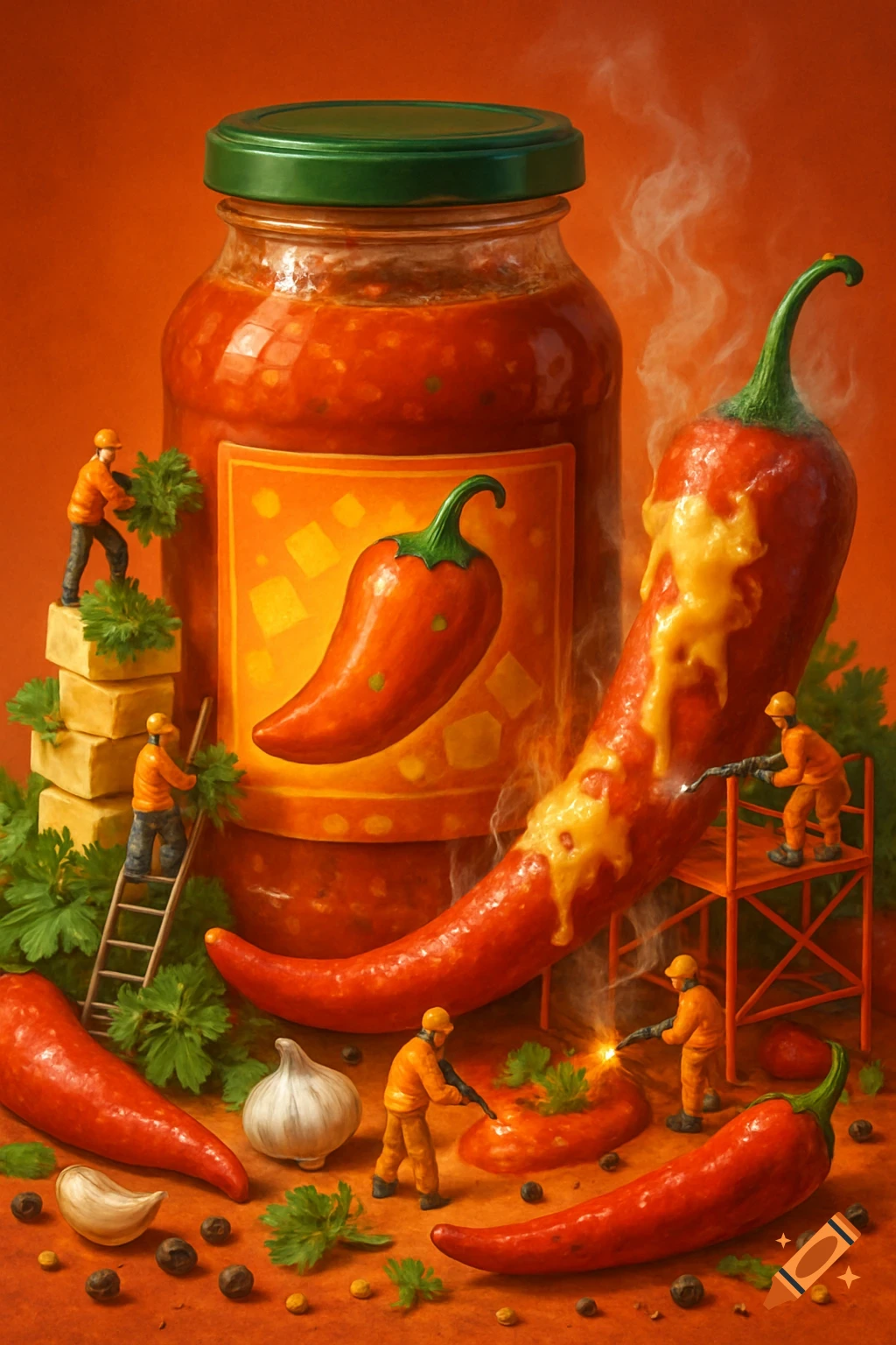 Tiny construction workers build a giant hot sauce jar with huge chili peppers, garlic, and parsley on an orange background.
