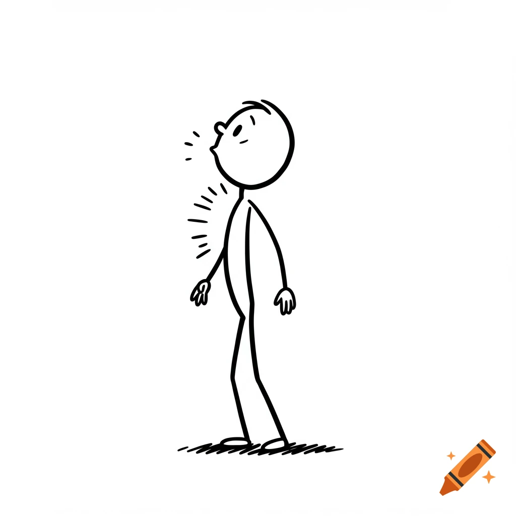 A simple black and white stick figure cartoon of an adult looking up and taking a deep breath.