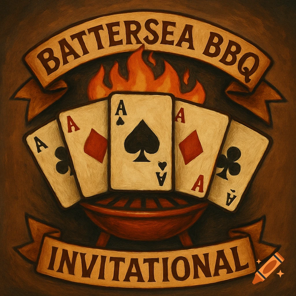 Painterly logo for 'Battersea BBQ Invitational' with a grill, flames, and five poker aces.