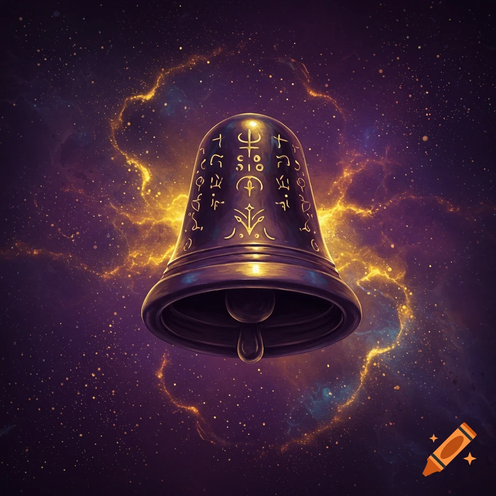 A dark, ornate bell with golden alien symbols floats in a swirling purple and gold galaxy of stars and nebulae.