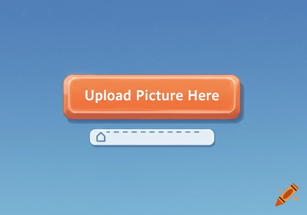 An orange button with 'Upload Picture Here' text and a white input field with a house icon on a blue background, resembling a user interface.