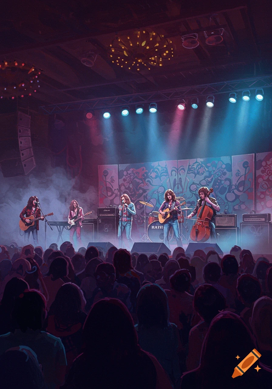 A band performs on a smoky stage under blue and pink spotlights to a large audience. The band members play guitars, drums, and cello.