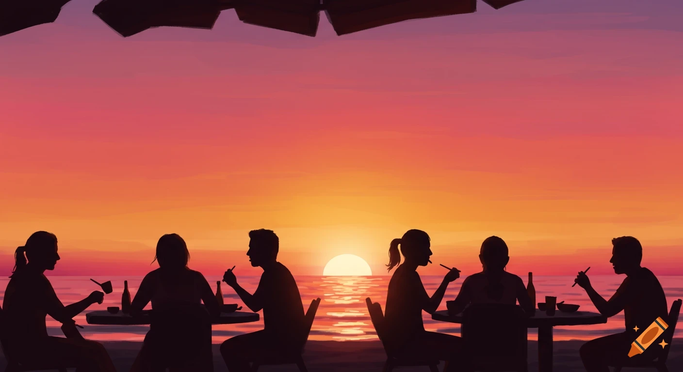 Silhouettes of people dining at tables on a beach during a vibrant sunset, with the sun setting over the ocean.