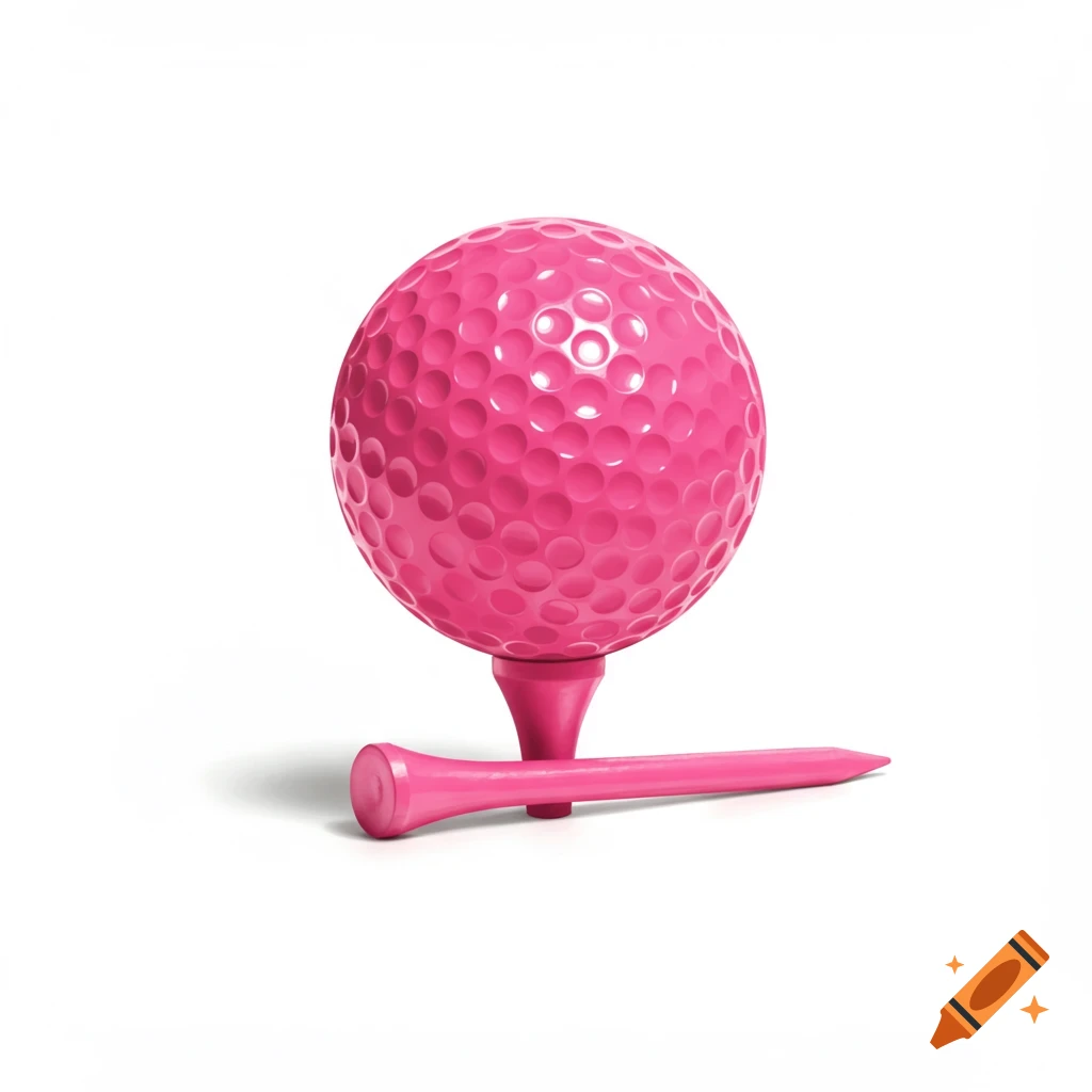 A vibrant pink golf ball resting on a pink golf tee, with another pink tee lying beside it, all against a plain white background.