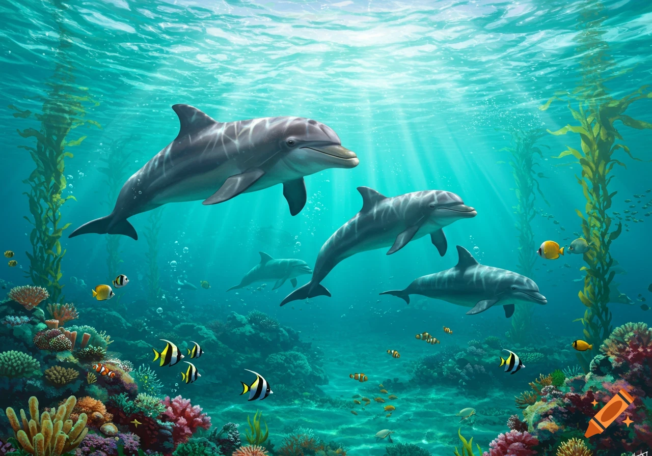 Multiple dolphins swim gracefully in a vibrant, sunlit underwater coral reef with various colorful fish.