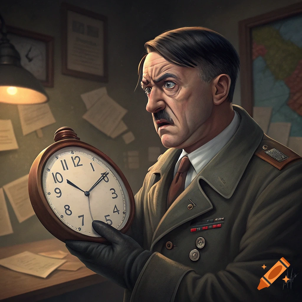A detailed portrait illustration of Hitler with a concerned expression, holding a large pocket watch. The background shows an office with papers.