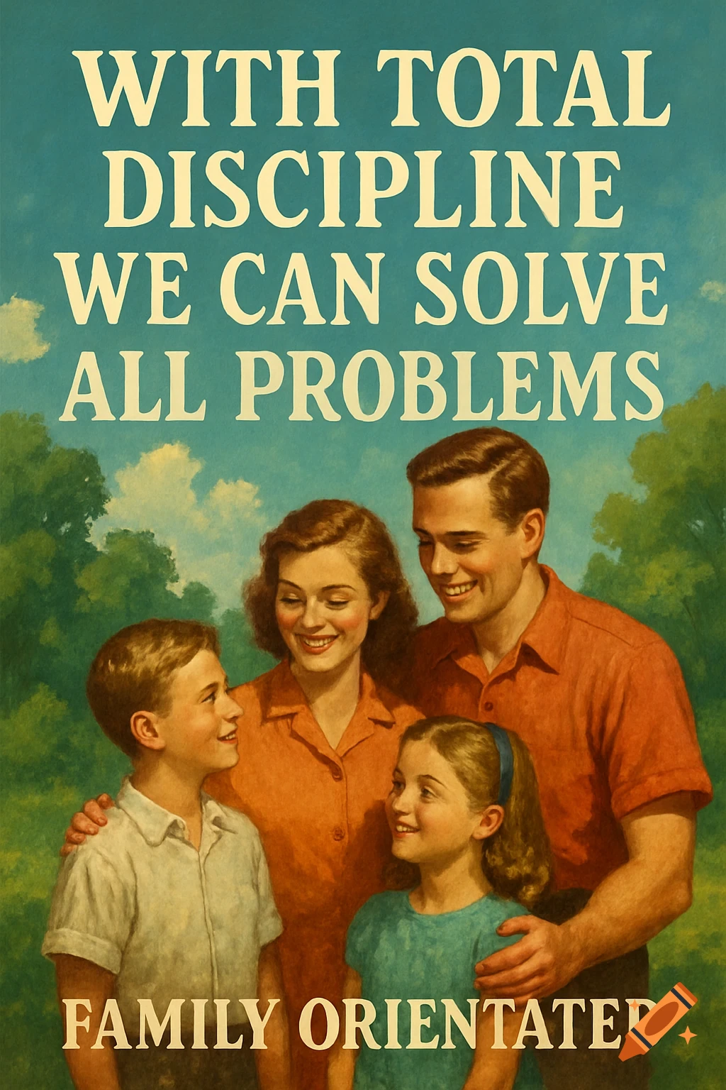 A vintage-style poster depicting a smiling family of four (father, mother, son, daughter) standing outdoors under a blue sky, surrounded by green trees. The poster has text at the top that reads "WITH TOTAL DISCIPLINE WE CAN SOLVE ALL PROBLEMS" and at the bottom, "FAMILY ORIENTATED."