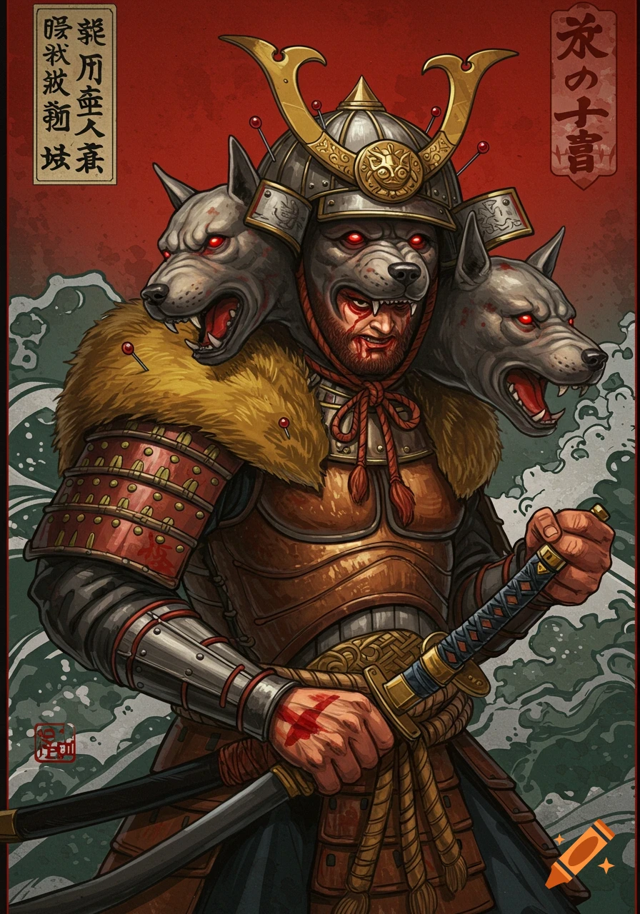 A fierce samurai warrior with a three-headed wolf helmet and blood on his face, holding a katana, against a red and green background with Japanese text.