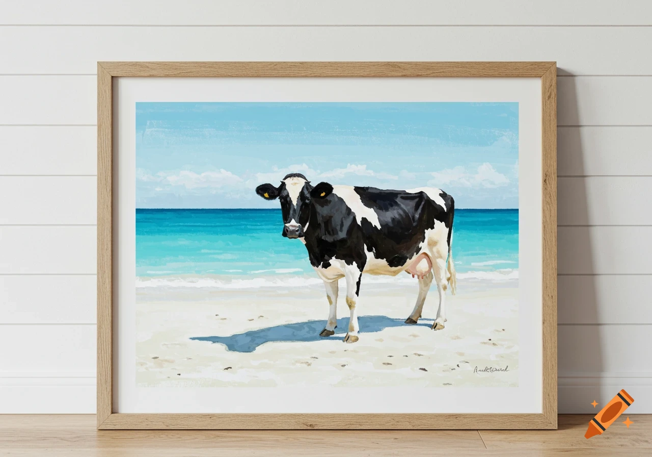 Painting of a black and white cow standing on a white sand beach with crystal blue ocean and sky.