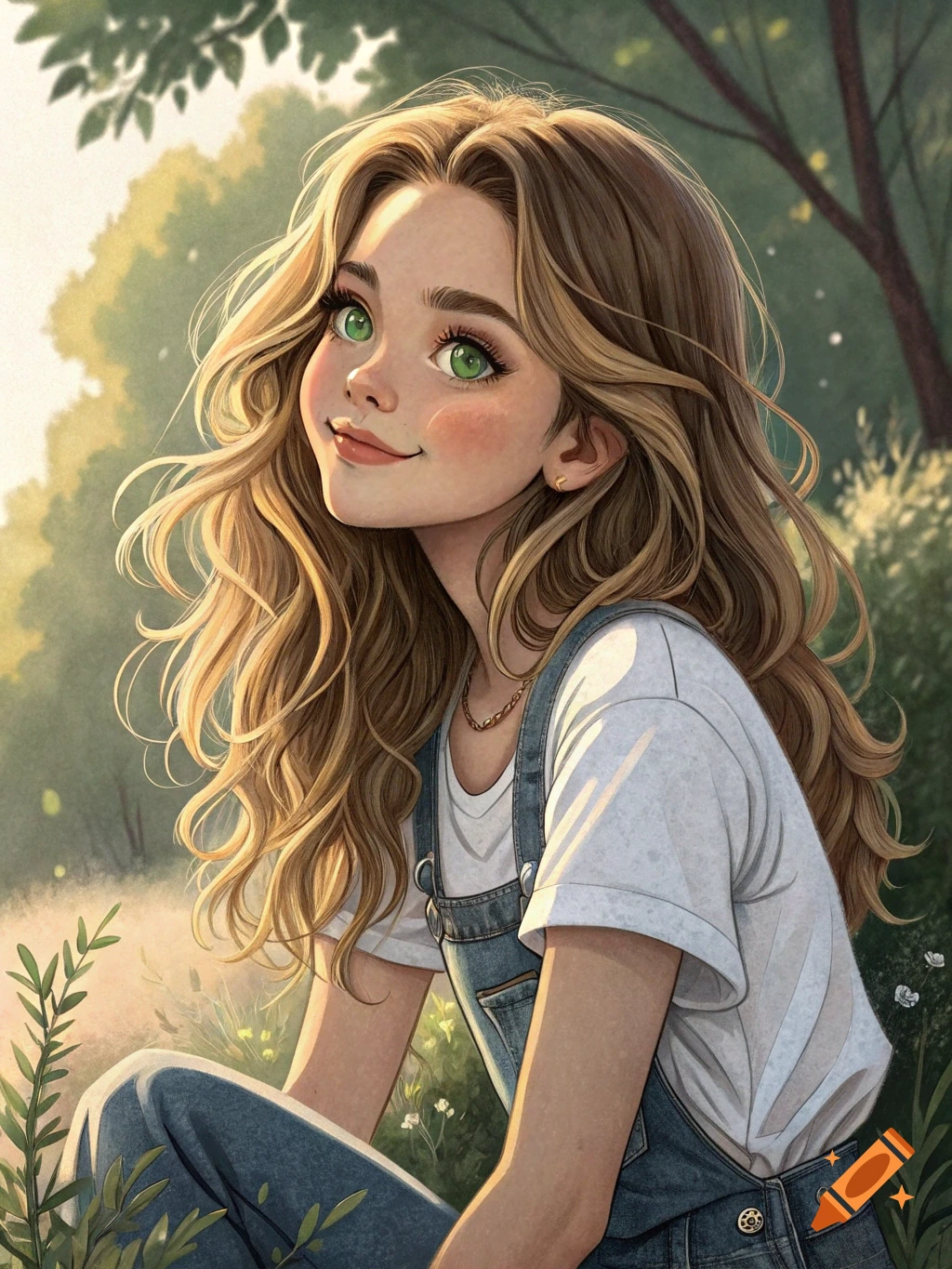 A stylized illustration of a smiling young woman with long wavy brown hair and green eyes, wearing a white t-shirt and denim overalls, in a sunny outdoor setting.