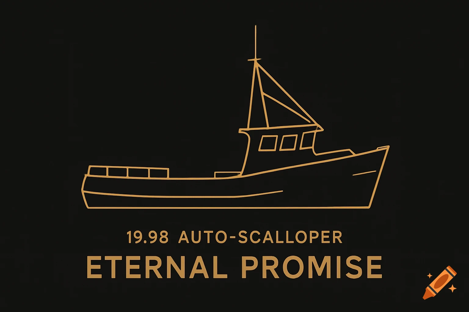 Minimalist gold line art of a fishing boat on a black background with text '19.98 AUTO-SCALLOPER ETERNAL PROMISE'.