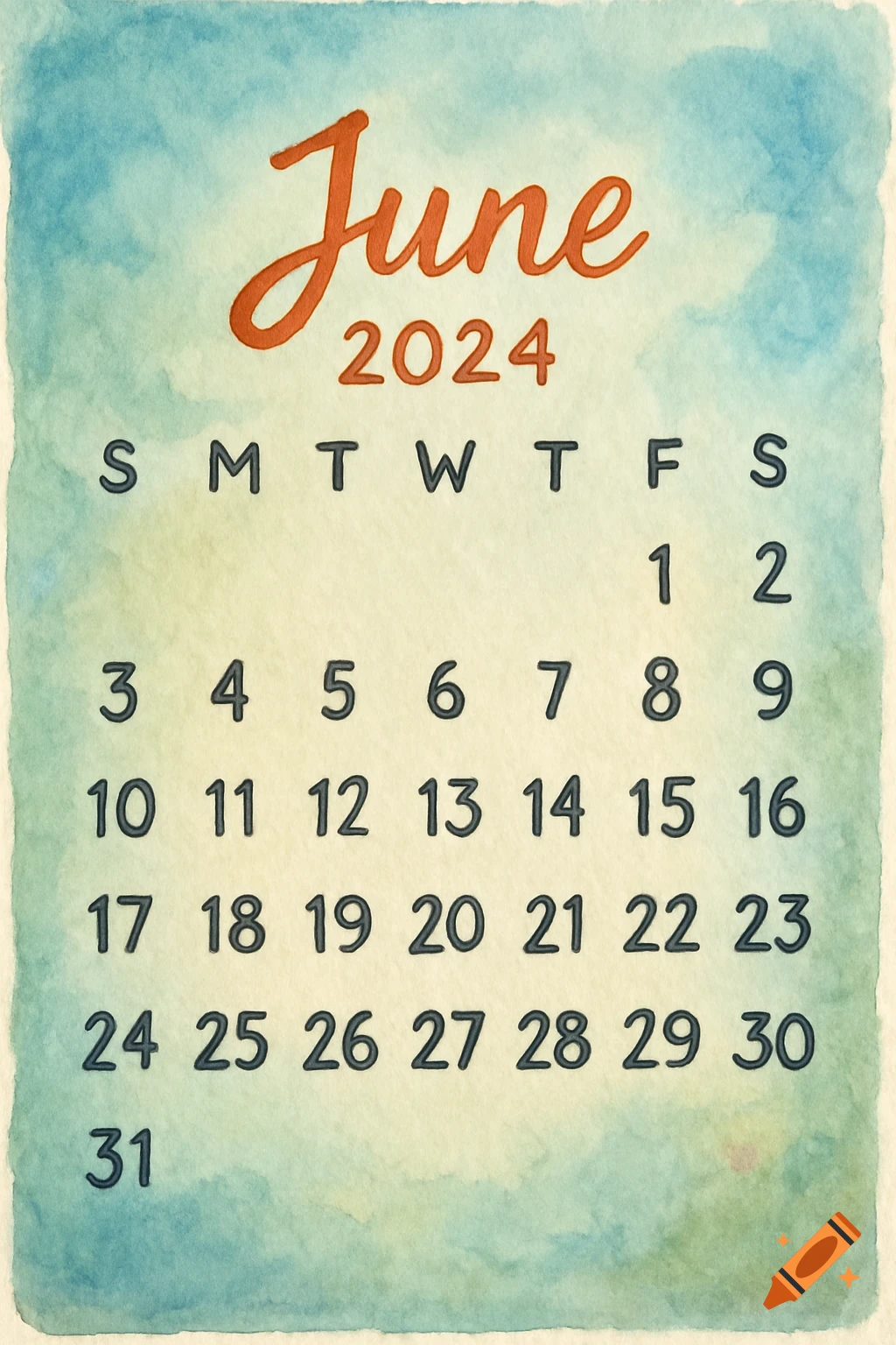 A watercolor style June 2024 calendar with blue and green washes, showing days of the week and dates.