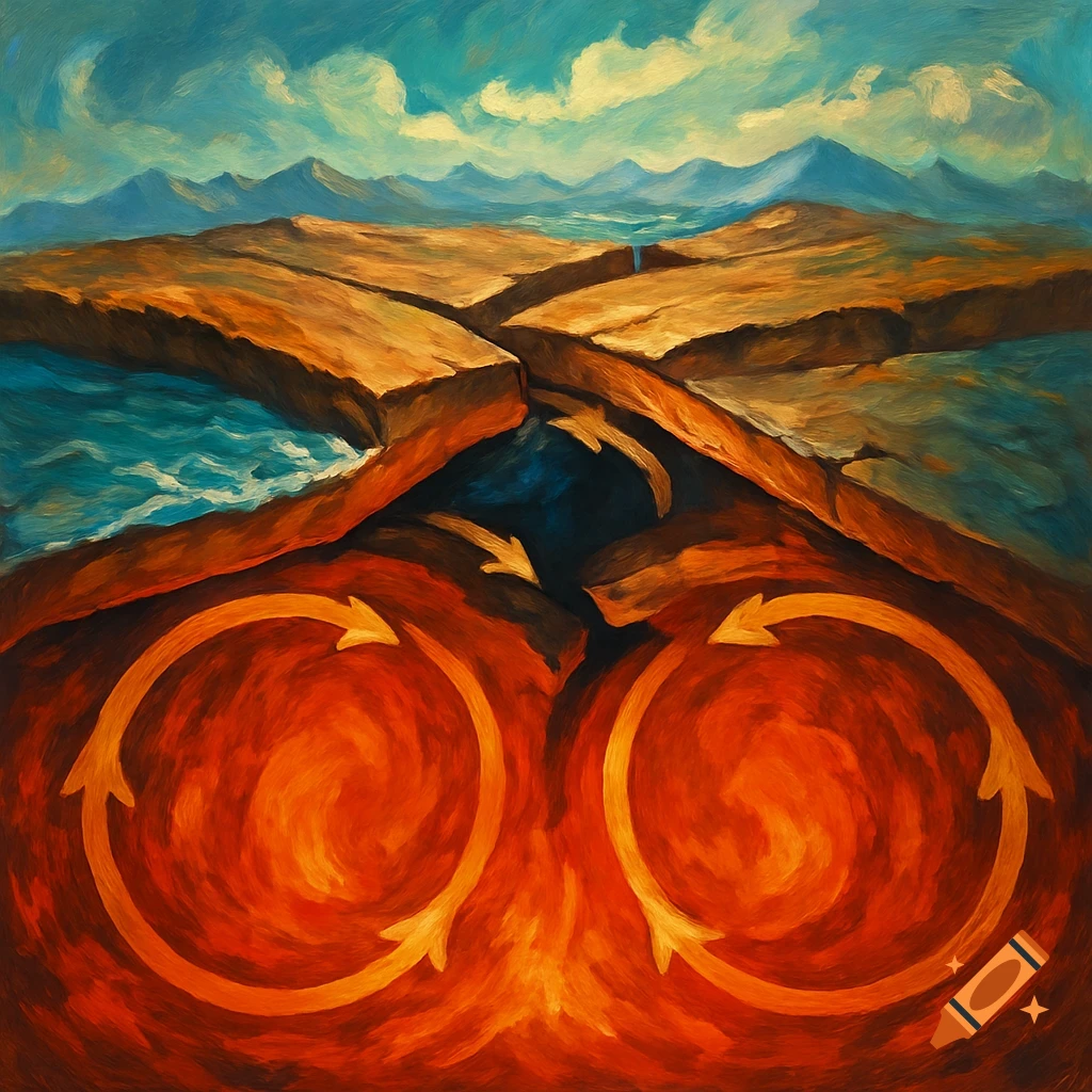 Oil painting depicting plate tectonics with Earth's crust, oceans, mountains, and convection currents in the magma below.
