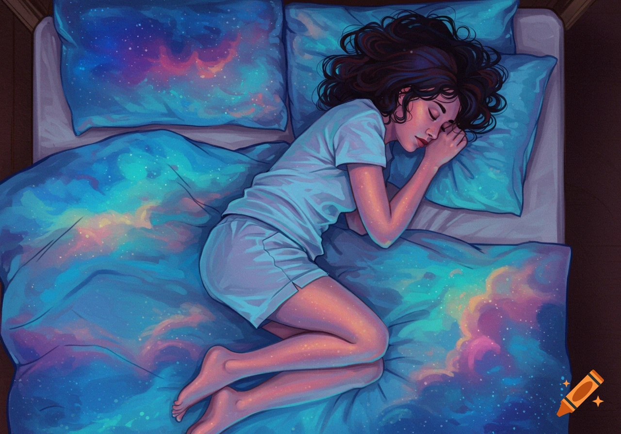 An illustration of a person sleeping peacefully in bed with vibrant, galaxy-patterned sheets and pillows.