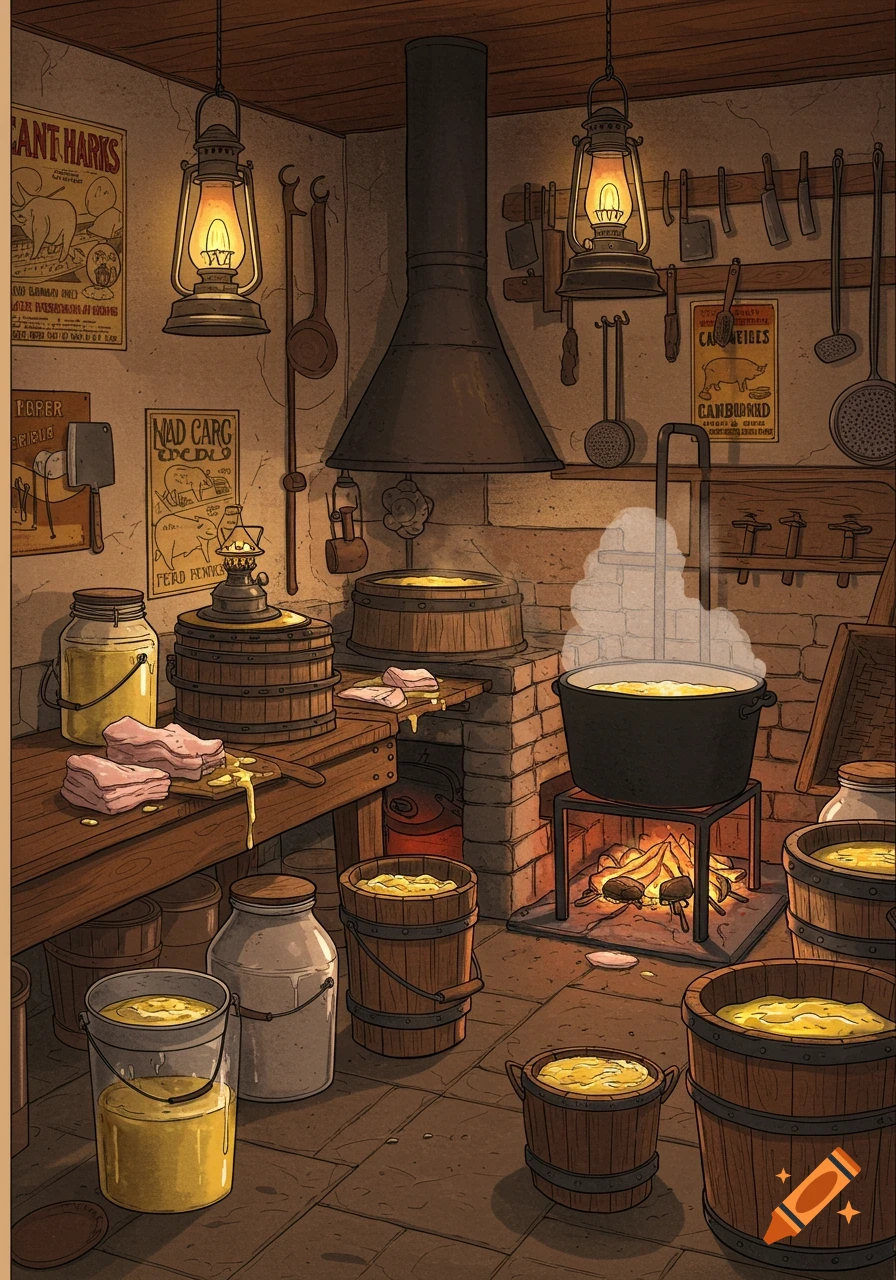An old-fashioned room for rendering lard, featuring large pots, barrels filled with fat, and cuts of meat on a wooden table, in an illustrative style.